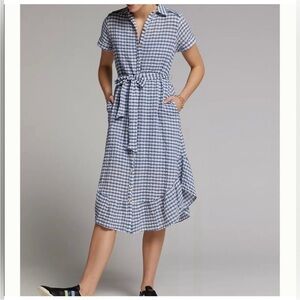 Anthropologie Maeve M blue white checkered plaid gingham button shirt midi dress